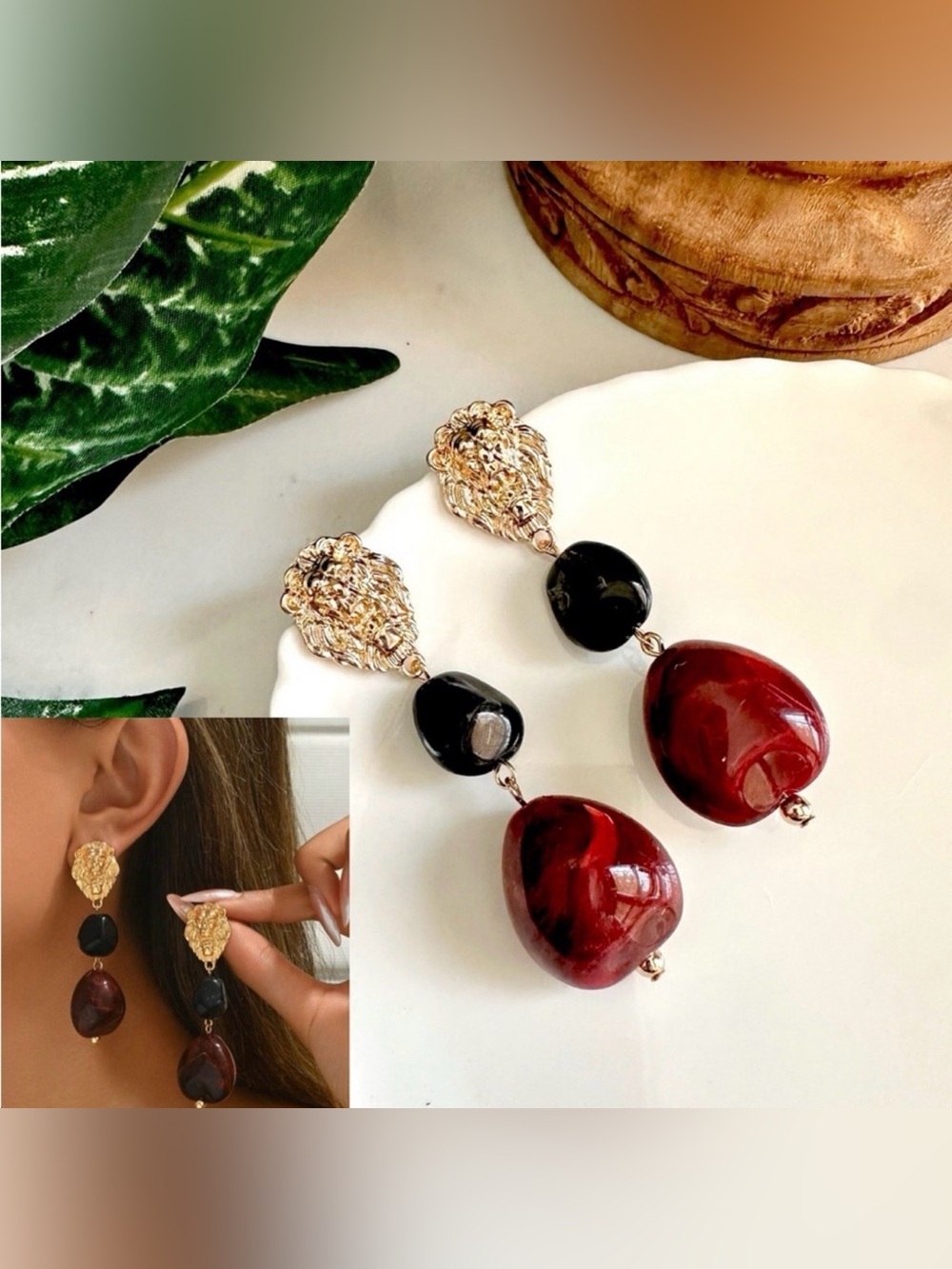 Gold Lion Red & Black Stone Earrings Regal Palace Dangle Jewelry Gift Boho NEW
